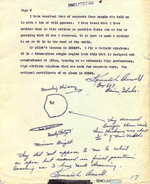 Официальный доклад Арнольда после встречи с НЛО над Маунт-Рейнир в июне 1947 года. В докладе представлены эскизы Арнольда о том, как выглядели объекты и характеристики полета.&nbsp;
